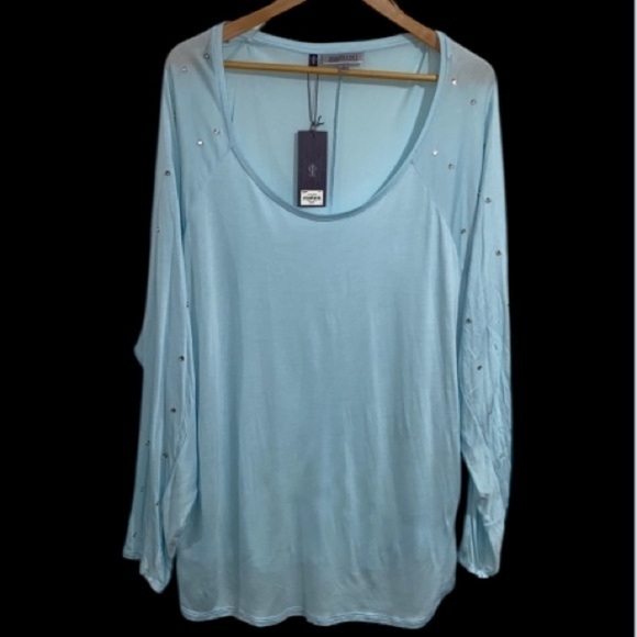 Jennifer Lopez shirt light blue long sleeved 3x Clear beads on sleeves - Picture 6 of 7